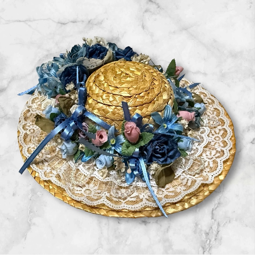 Vintage Cottage Core Hand Decorated Straw Hat w/ Flowers, & Lace Wall Hanging